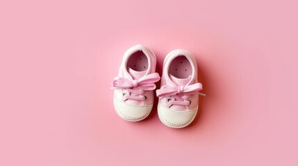 Pink baby shoes on pink background. Flat lay, top view.