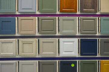 wood cabinet door samples in market in a row