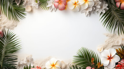 white sand textured background with floral and palm leaves 