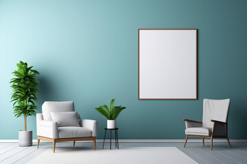 A modern living room with a large blue wall featuring a blank empty mockup frame, minimalist furniture, and decorative plants. 8k,