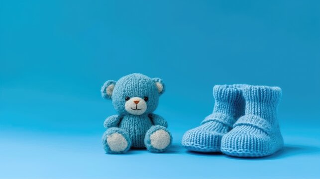 Knitted baby blue booties and toy bear on a blue background 