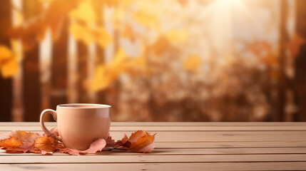 wooden tea cup on top of light brown wood table with autumn leaves frame shoot from front view with 