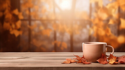 Naklejka na ściany i meble wooden tea cup on top of light brown wood table with autumn leaves frame shoot from front view with 