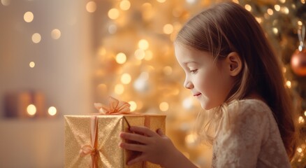 little girl opening a gold gift box next to christmas tree