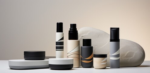 five black, white, and grey cosmetics on a table