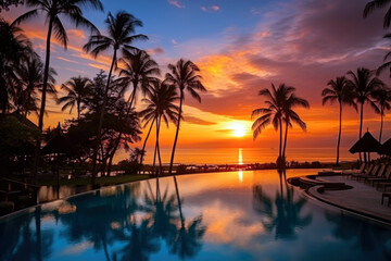 Tropical Resort Sunset Serenity with palm trees.