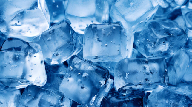 Closeup of Ice Cubes. Ice cubes bluish background. Frozen water. crystal clear ice cubes bathed in a cool blue hue. Cold fresh concept.