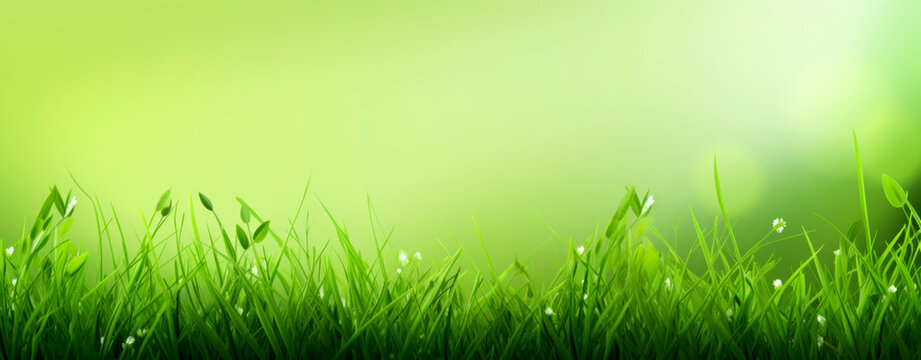 Closeup of green grass and blue sky background. Spring or summer backdrop. copy space