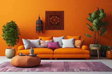 Bohemian living room with a vibrant orange wall, an empty mockup frame, and eclectic, colorful cushions and rugs 8k,