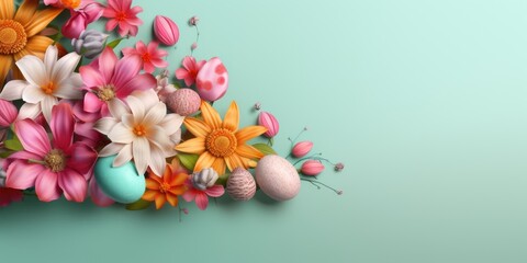 Fototapeta na wymiar Vibrant Easter Flowers Arrangement - 3D Render with Blank Space