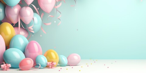 Easter-Themed Pastel-Colored Balloons and Streamers - 3D Render