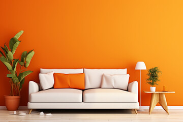 Bold living room with a bright orange wall, a striking blank mockup frame, and dynamic, energetic decor. 8k,