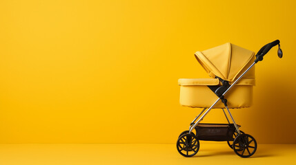 The pram against the yellow background was a symbol of new beginnings, a reminder that anything is possible for a new life. ai generated. - obrazy, fototapety, plakaty