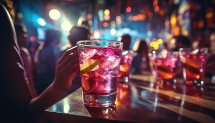 people in a party drinking glasses of sangria in background with colorful lights - obrazy, fototapety, plakaty