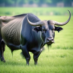 Obraz premium Black water buffalo on green grass field