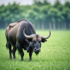 Obraz premium Black water buffalo on green grass field