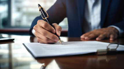 Close-up of a person's hand holding a pen and signing a document, suggesting a business or legal agreement.