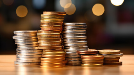 Multiple stacks of shiny gold coins on a surface with a warm, glowing bokeh light effect in the background.