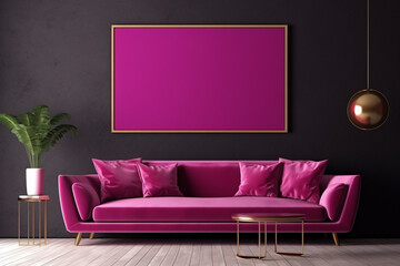 Chic living room with a magenta wall, an elegant blank mockup frame, and fashionable, trendy furnishings. 8k,