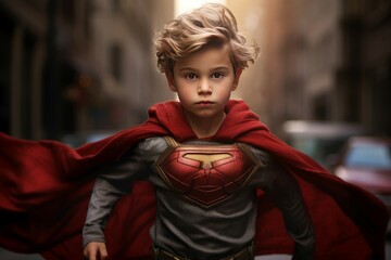 Little boy superhero strong. Medical dream. Generate Ai