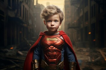 Energetic Little boy superhero strong. Medical dream. Generate Ai