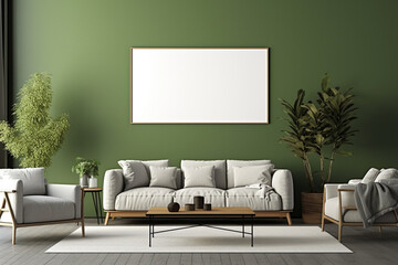 Contemporary living room with an olive green wall, a sleek empty mockup frame, and modern, stylish furniture. 8k,
