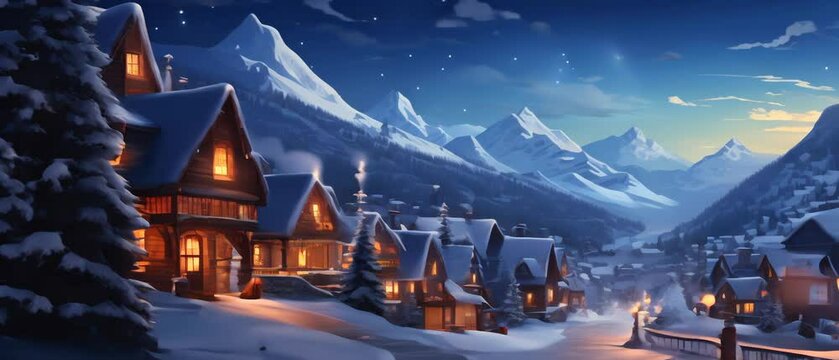 Snowy winter cabins in mountain village cozy holidays parallax animation