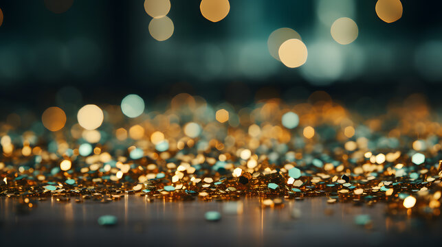 Abstract blur bokeh background. Gold bokeh on defocused emerald green background