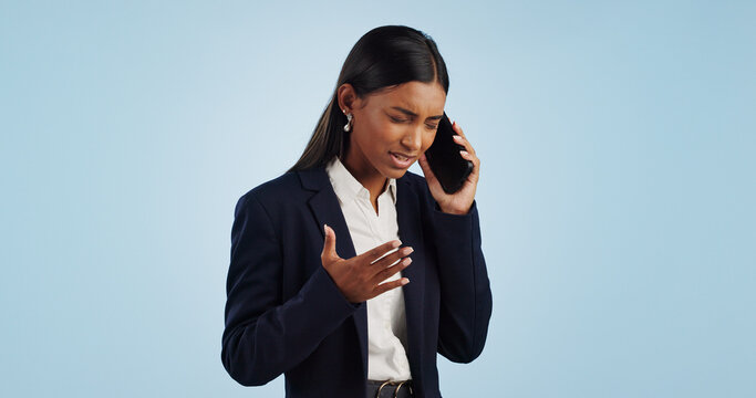 Business, Phone Call And Woman With Stress, Angry And Employee Isolated On A Blue Studio Background. Mockup Space, Person And Entrepreneur With A Smartphone, Connection And Frustrated With Emotions