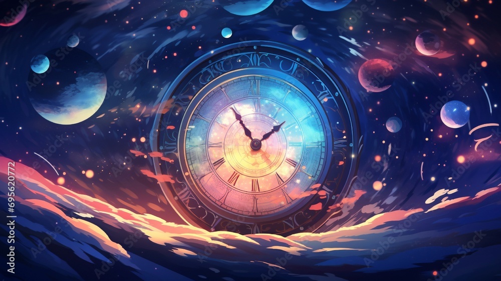 Wall mural a conceptual exploration of time and space illustrated through celestial motifs and cosmic gradients