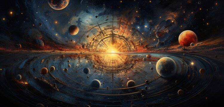 A conceptual exploration of time and space illustrated through celestial motifs and cosmic gradients within a  canvas.