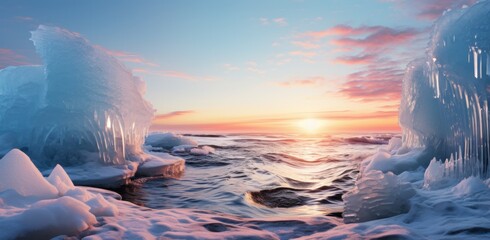 sunrise, ice caves, nature, wintertime