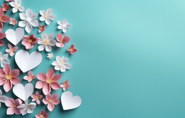 flowers arranged on a blue background with hearts placed on them