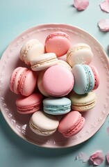 Fototapeta premium nine small pink and blue macaroons sit on a plate in front of an empty plate