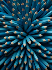 abstract blue background with pile of blue crayons.Minimal creative art and school  concept