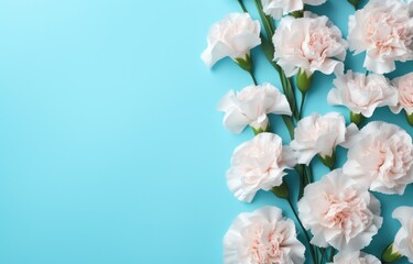 pink and white carnations are placed on top of a blue background