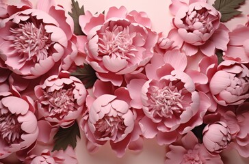 pink peony flowers and leaves on a pink background