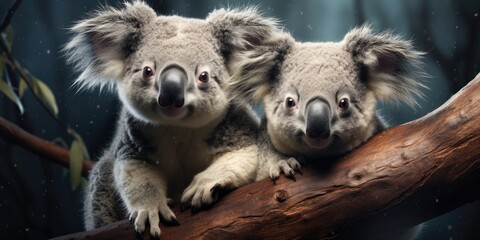 Two cute koalas on a tree, animals of Australia. Generative AI