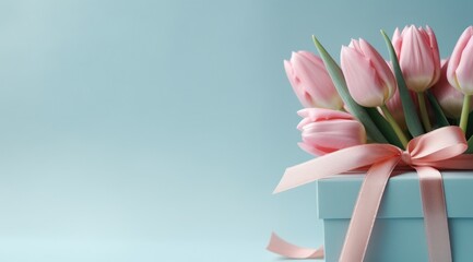 pink box with pink tulips on the blue background pink tulips - obrazy, fototapety, plakaty