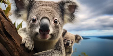Fotobehang funny and cute koala on a tree, animals of australia, Generative AI © 22_monkeyzzz