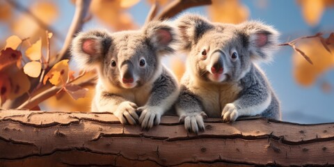 Two cute koalas on a tree, animals of Australia - obrazy, fototapety, plakaty