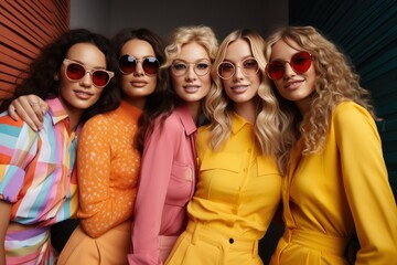 cute women wearing sun glasses posing in yellow