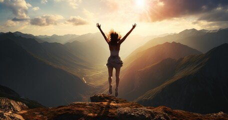 free pictures of person jumping into air on a mountain with sun behind her - obrazy, fototapety, plakaty