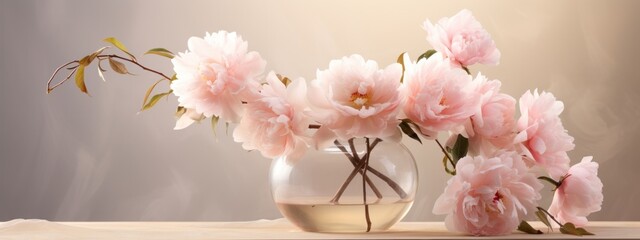 pink peony in a vase on a table,