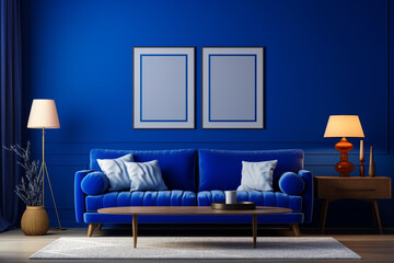 Elegant living room with a royal blue wall, a sophisticated blank mockup frame, and refined decor. 8k,