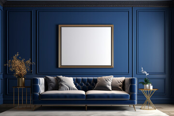 Elegant living room with a royal blue wall, a sophisticated blank mockup frame, and refined decor. 8k,