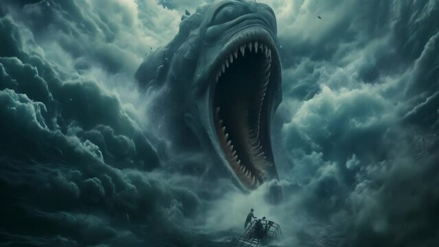 Giant sea monster coming out of the waves to devour a boat with people on it
