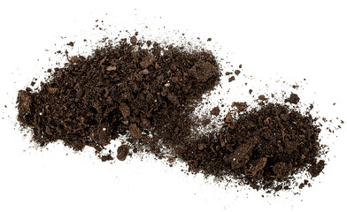 Pile of soil scattered on a white background, top view. Ground, dirt isolated.