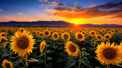 Obraz premium Field of sunflowers in full bloom, bathed in the warm glow of a setting sun