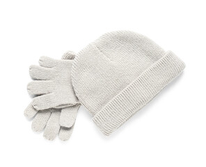 Gloves with warm hat on white background